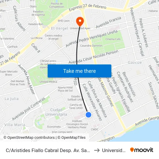 C/Aristides Fiallo Cabral Desp. Av. Santo Tomas De Aquino to Universidad Apec map