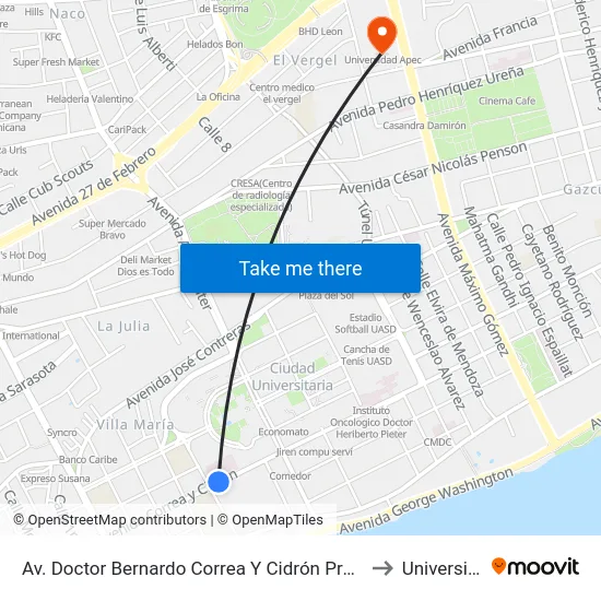 Av. Doctor Bernardo Correa Y Cidrón Prox. C/Lic. Rafael Augusto Sanchez to Universidad Apec map
