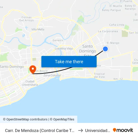 Carr. De Mendoza (Control Caribe Tours Urbano) to Universidad Apec map
