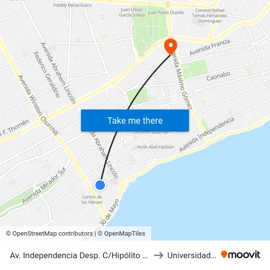 Av. Independencia Desp. C/Hipólito Herrera Billini to Universidad Apec map