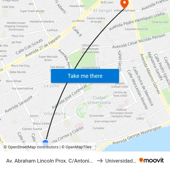 Av. Abraham Lincoln Prox. C/Antonio De La Maza to Universidad Apec map