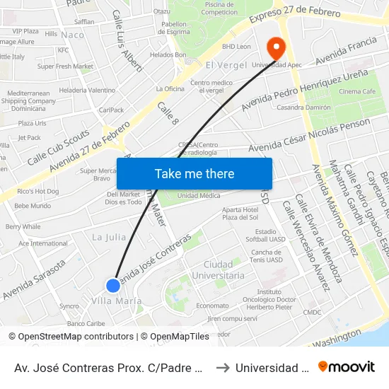 Av. José Contreras Prox. C/Padre Montesino to Universidad Apec map