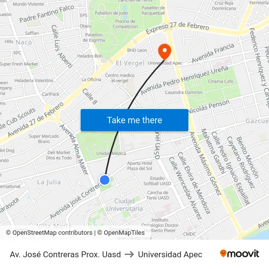 Av. José Contreras Prox. Uasd to Universidad Apec map