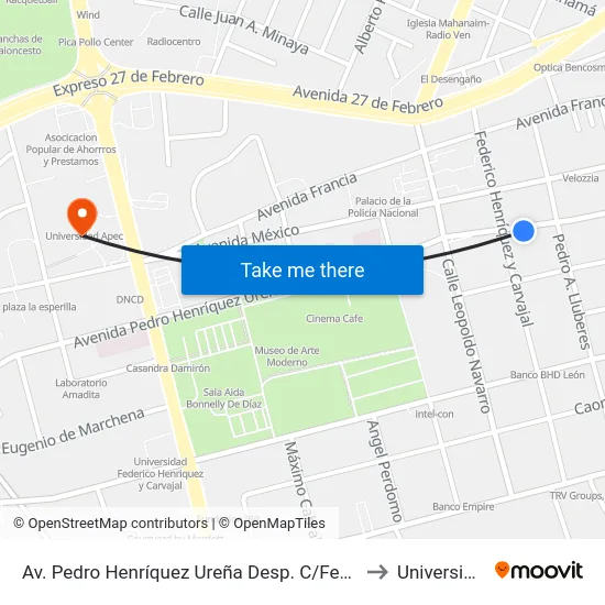 Av. Pedro Henríquez Ureña Desp. C/Federico Henriquez Y Carvajal to Universidad Apec map