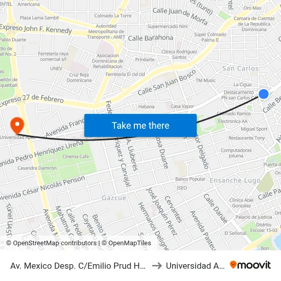 Av. Mexico Desp. C/Emilio Prud Homme to Universidad Apec map