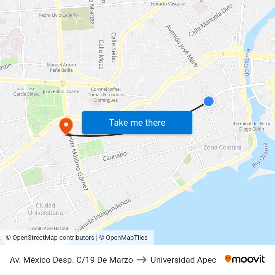 Av. México Desp. C/19 De Marzo to Universidad Apec map