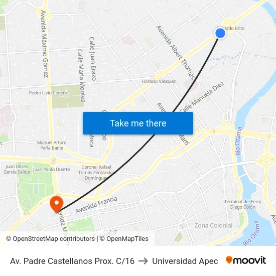 Av. Padre Castellanos Prox. C/16 to Universidad Apec map