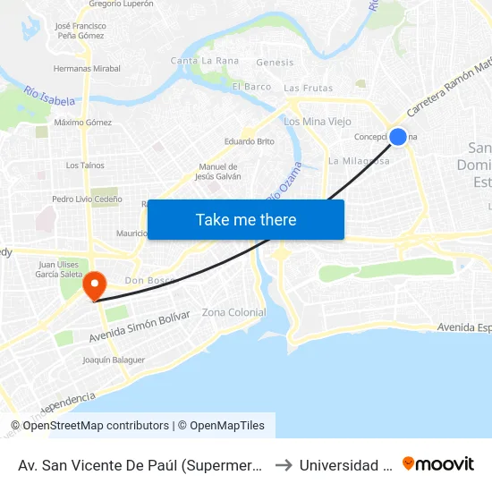 Av. San Vicente De Paúl (Supermercados Olé) to Universidad Apec map