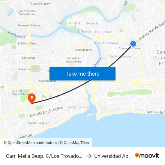 Carr. Mella Desp. C/Los Trovadores to Universidad Apec map