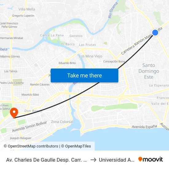Av. Charles De Gaulle Desp. Carr. Mella to Universidad Apec map