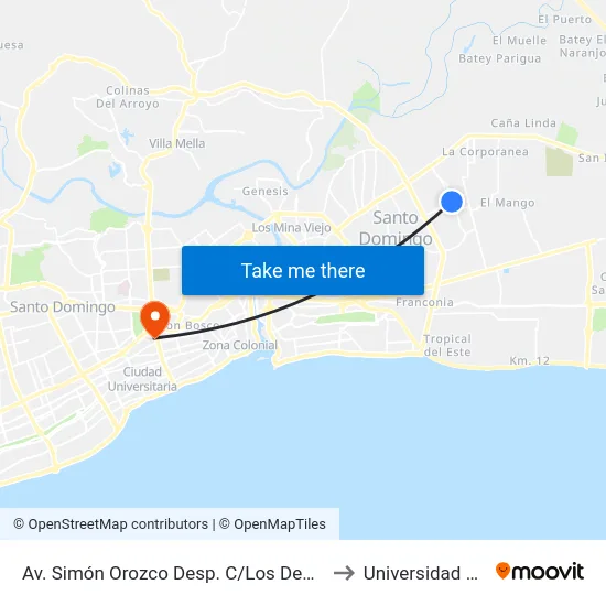 Av. Simón Orozco Desp. C/Los Deportistas to Universidad Apec map