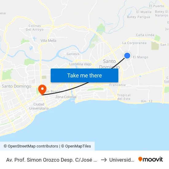Av. Prof. Simon Orozco Desp. C/José Francisco Peña Gómez to Universidad Apec map