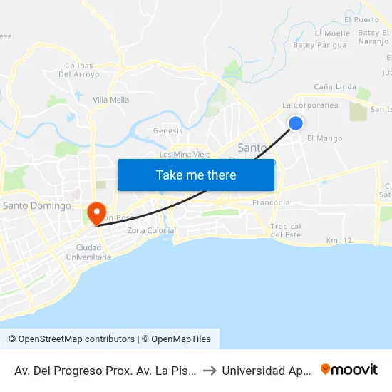 Av. Del Progreso Prox. Av. La Pista to Universidad Apec map