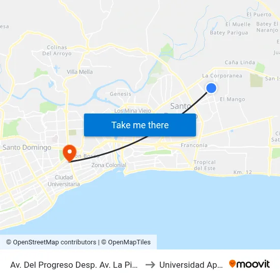 Av. Del Progreso Desp. Av. La Pista to Universidad Apec map