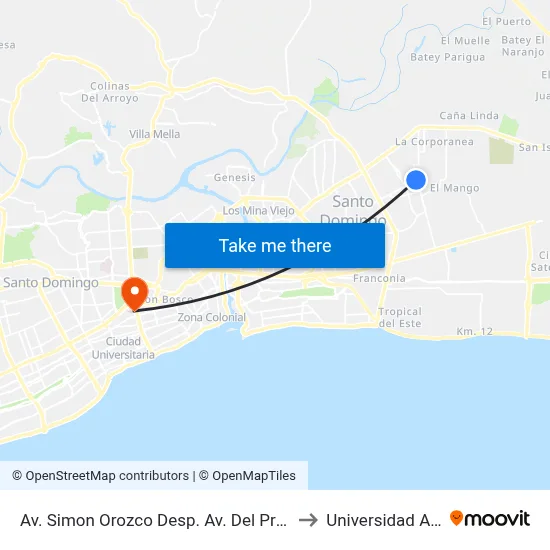 Av. Simon Orozco Desp. Av. Del Progreso to Universidad Apec map