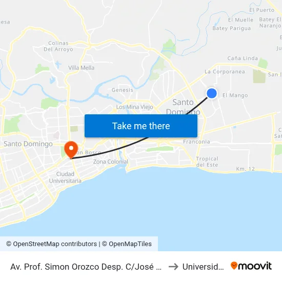 Av. Prof. Simon Orozco Desp. C/José Francisco Peña Gómez to Universidad Apec map