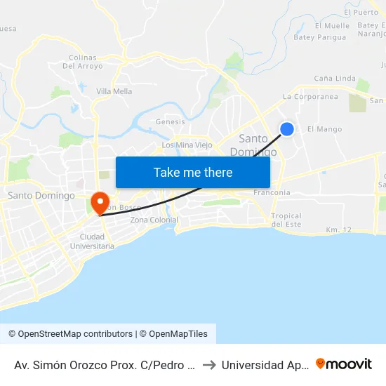 Av. Simón Orozco Prox. C/Pedro Mir to Universidad Apec map