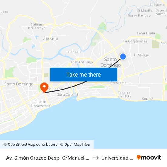Av. Simón Orozco Desp. C/Manuel Del Cabral to Universidad Apec map