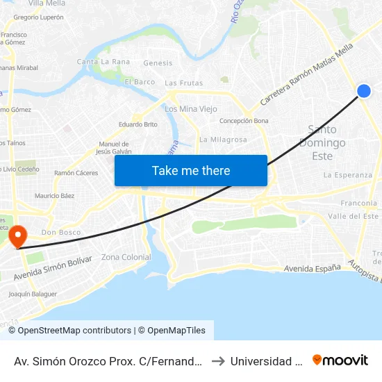 Av. Simón Orozco Prox. C/Fernando Estrella to Universidad Apec map