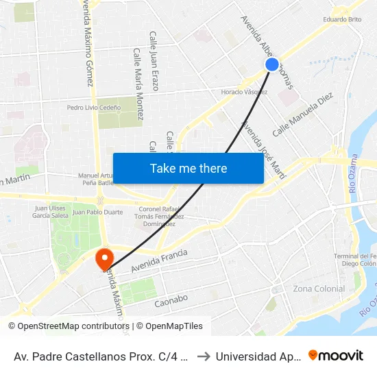 Av. Padre Castellanos Prox. C/4 Sur to Universidad Apec map