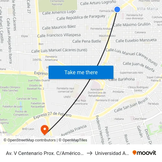 Av. V Centenario Prox. C/Américo Lugo to Universidad Apec map