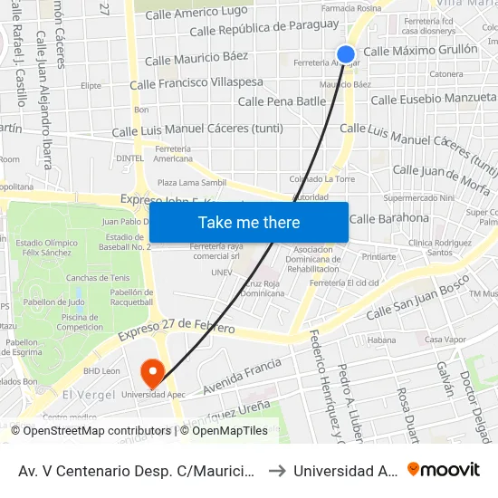 Av. V Centenario Desp. C/Mauricio Baez to Universidad Apec map