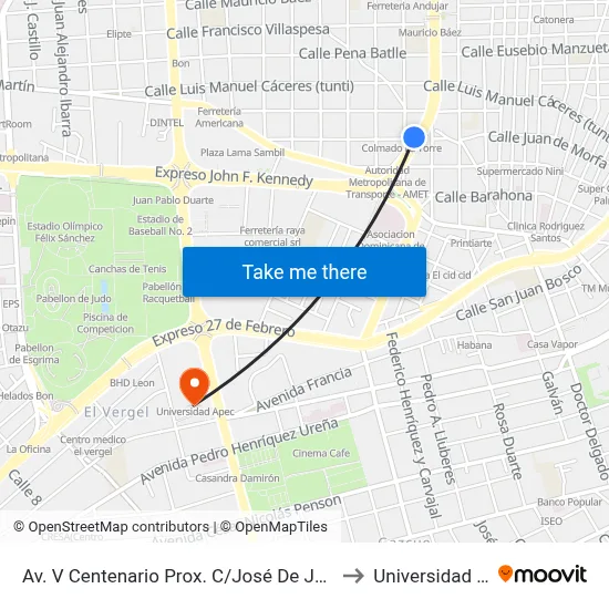 Av. V Centenario Prox. C/José De Jesús Ravelo to Universidad Apec map