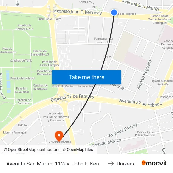 Avenida San Martin, 112av. John F. Kennedy Prox. C/Paseo De Los Aviadores to Universidad Apec map
