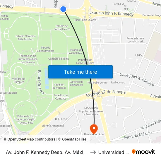 Av. John F. Kennedy Desp. Av. Máximo Gómez to Universidad Apec map