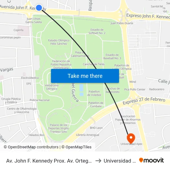 Av. John F. Kennedy Prox. Av. Ortega Y Gasset to Universidad Apec map
