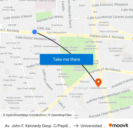 Av. John F. Kennedy Desp. C/Pepillo Salcedo to Universidad Apec map