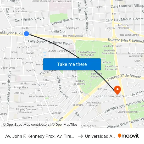 Av. John F. Kennedy Prox. Av. Tiradentes to Universidad Apec map