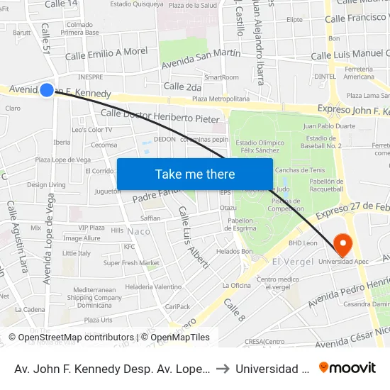 Av. John F. Kennedy Desp. Av. Lope De Vega to Universidad Apec map