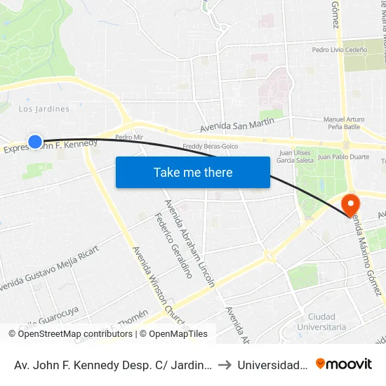 Av. John F. Kennedy Desp. C/ Jardines De Kyoto to Universidad Apec map