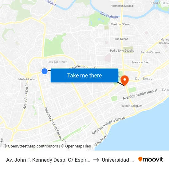 Av. John F. Kennedy Desp. C/ Espíritu Santo to Universidad Apec map