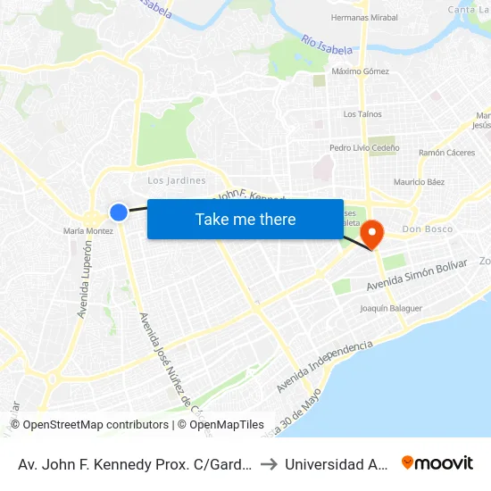 Av. John F. Kennedy Prox. C/Gardenia to Universidad Apec map