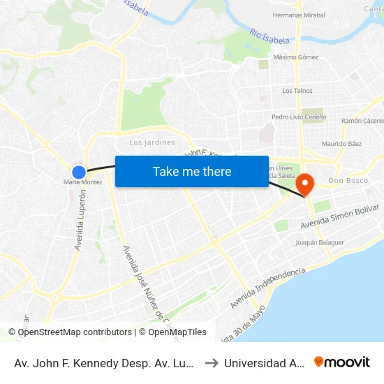 Av. John F. Kennedy Desp. Av. Luperón to Universidad Apec map