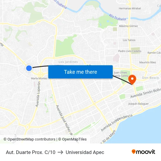 Aut. Duarte Prox. C/10 to Universidad Apec map