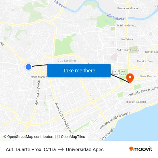 Aut. Duarte Prox. C/1ra to Universidad Apec map