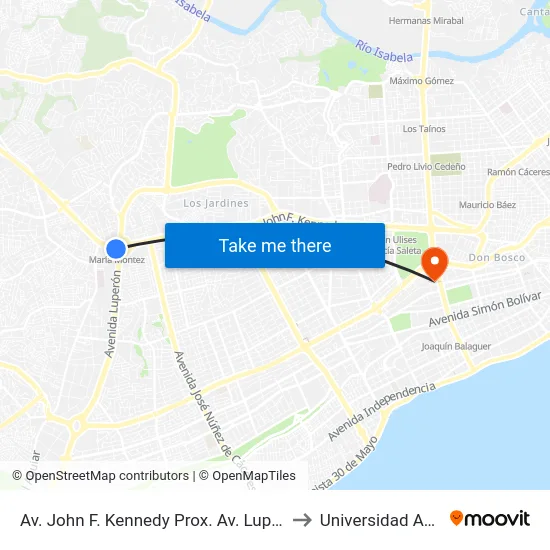 Av. John F. Kennedy Prox. Av. Luperón to Universidad Apec map