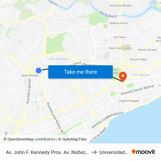 Av. John F. Kennedy Prox. Av. Núñez De Cáceres to Universidad Apec map