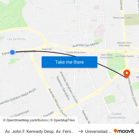 Av. John F. Kennedy Desp. Av. Fernando Defilló to Universidad Apec map