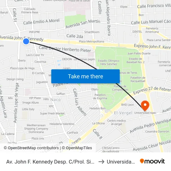 Av. John F. Kennedy Desp. C/Prol. Siervas De María to Universidad Apec map