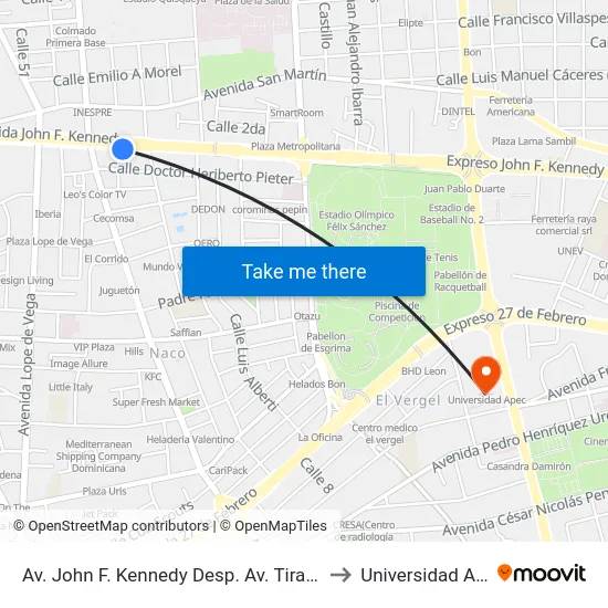 Av. John F. Kennedy Desp. Av. Tiradentes to Universidad Apec map