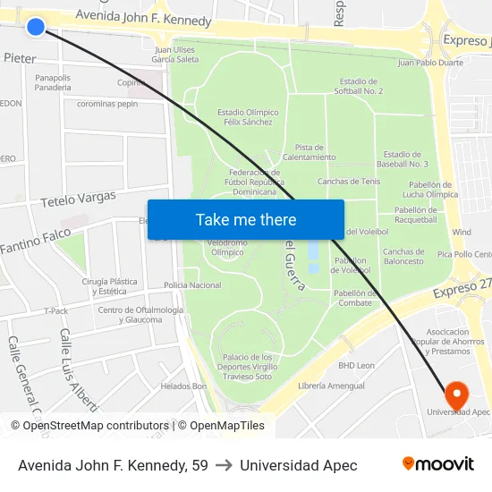 Avenida John F. Kennedy, 59 to Universidad Apec map