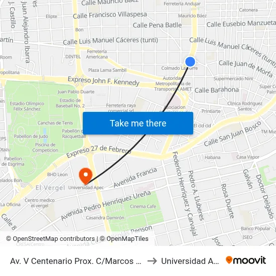 Av. V Centenario Prox. C/Marcos Adon to Universidad Apec map