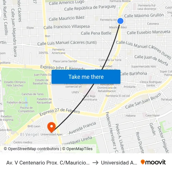 Av. V Centenario Prox. C/Mauricio Baez to Universidad Apec map