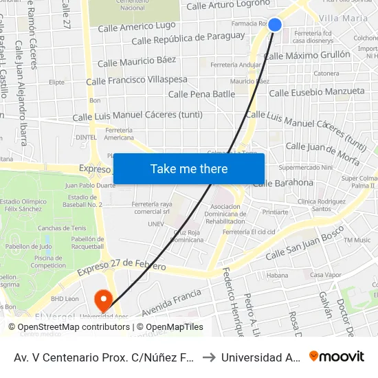 Av. V Centenario Prox. C/Núñez Fabian to Universidad Apec map