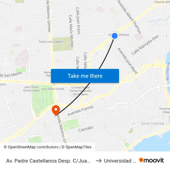 Av. Padre Castellanos Desp. C/Juana Saltitopa to Universidad Apec map