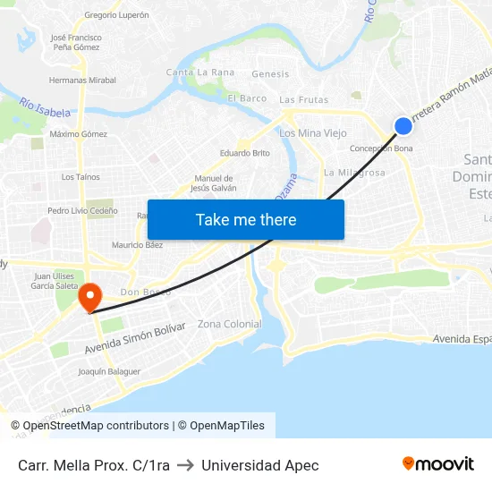 Carr. Mella Prox. C/1ra to Universidad Apec map